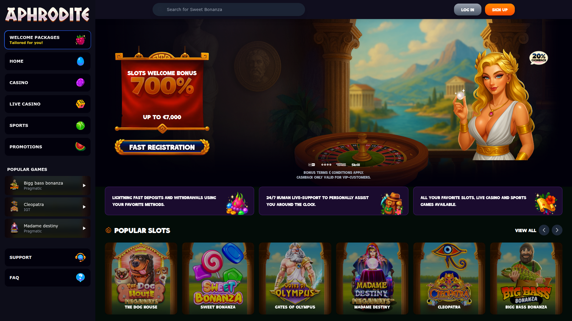 Aphrodite Casino independent casino UK screenshot 1 showing platform interface