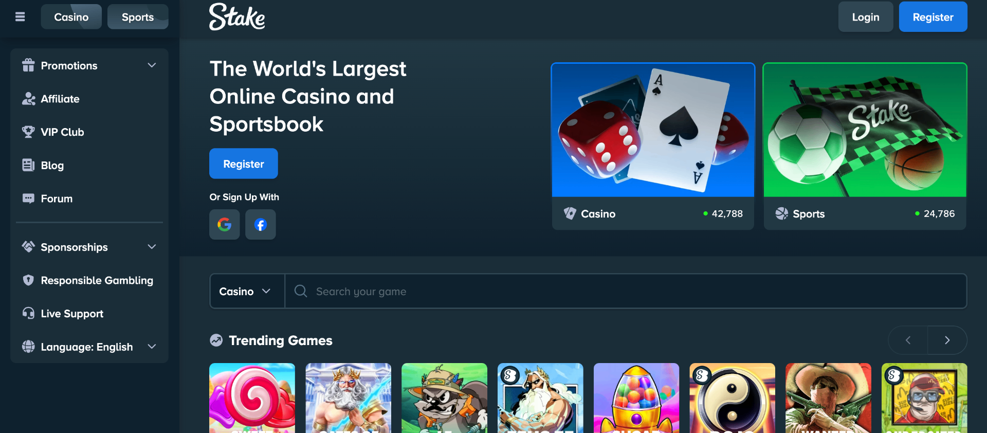 Stake Casino independent casino UK screenshot 1 showing platform interface